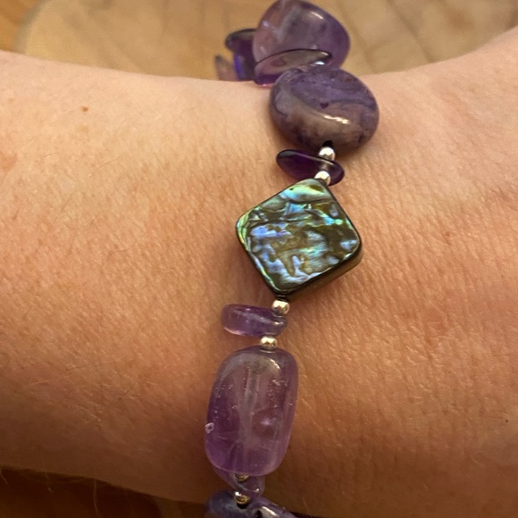 Beautiful Amethyst, abalone, and agate or Charoite 925 sterling silver bracelet - Picture 3 of 12
